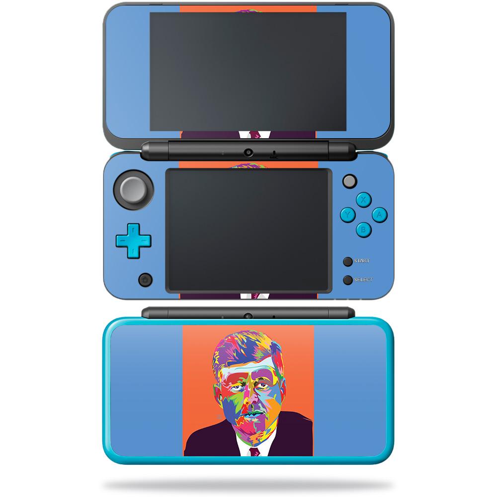 MightySkins for Nintendo New 2DS XL showcasing Matte, Carbon Fiber, and Glossy Glitter finishes.